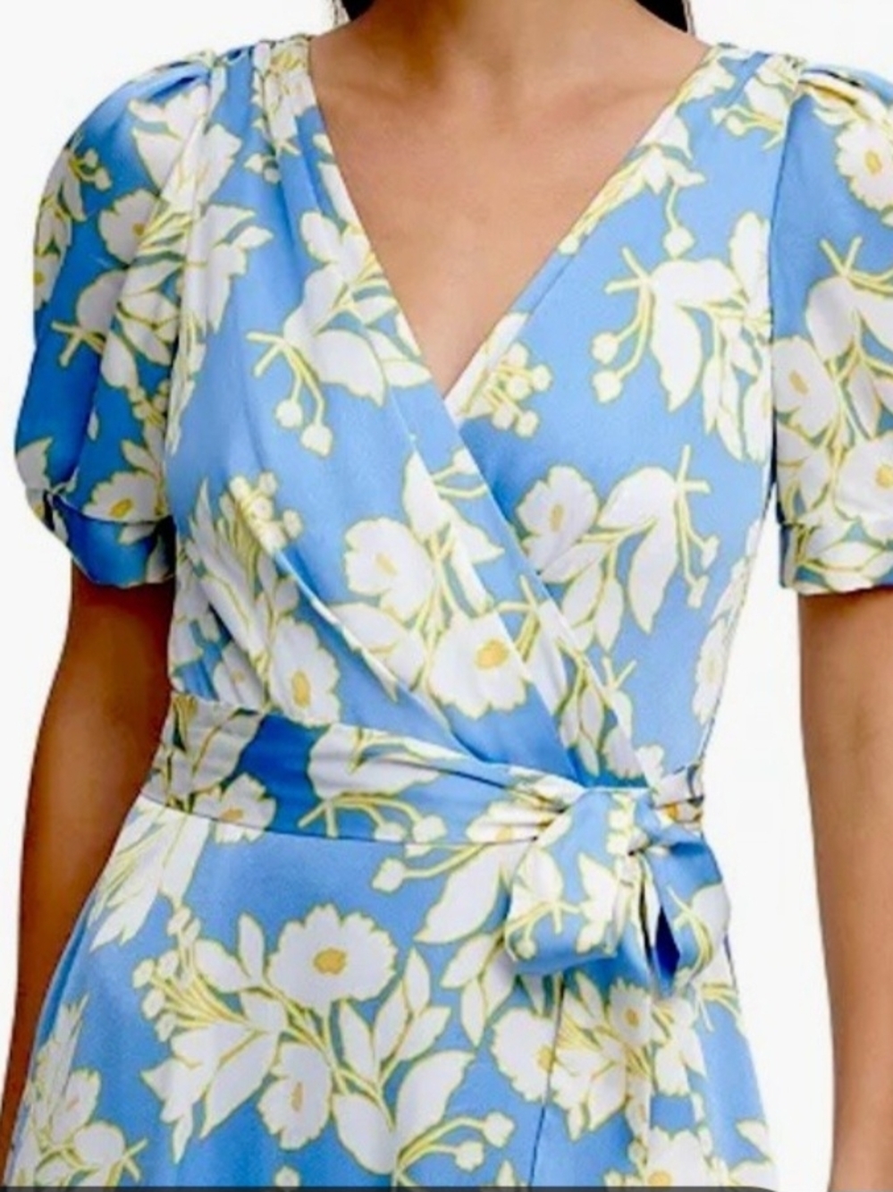 Dkny Blue Floral Wrap Midi Dress with Puff Sleeves - Picture 6 of 8